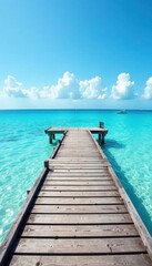 Obraz premium Aged gray wooden pier planks, vibrant blue sea, cloudless summer sky , blue, seascape, coastal