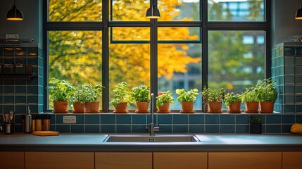 Fototapeta premium Kitchen sink with herbs in pots on windowsill.