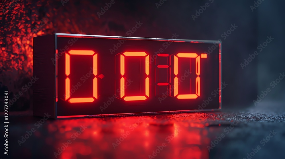 Poster a closeup of a digital clock displaying the time 00:00 in red. the clock is sitting on a wet surface