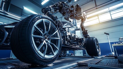 Fototapeta premium Robotic Arm Inspecting Automotive Chassis Assembly