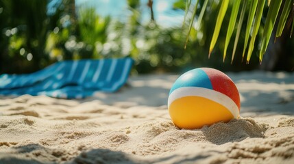 Obraz premium A yellow and blue beach ball is sitting on the sand