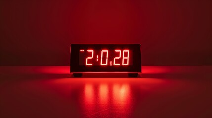 A red digital clock displays the time 2:08 in a dark room.