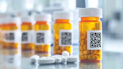 Close-up of prescription medication bottles with QR codes, showcasing modern pharmaceutical practices and patient safety.