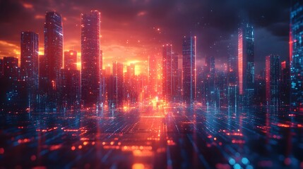 Obraz premium 3D holographic city with transparent skyscrapers and moving digital elements with copy space