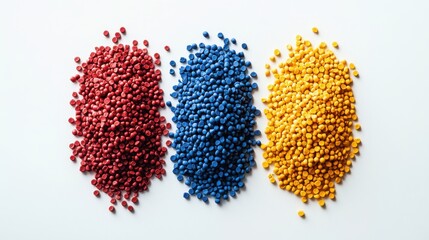Vibrant piles of red, blue, and yellow seeds arranged in three distinct sections against a white background.