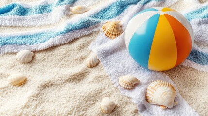 Obraz premium A beach scene with a blue and orange beach ball and a pile of seashells