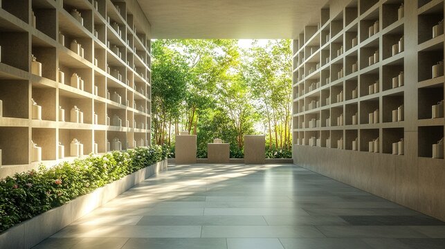 Modern columbarium with natural light and greenery.