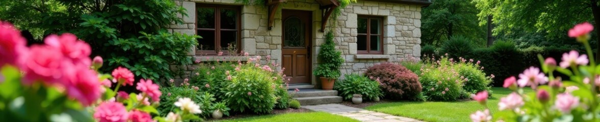 Fototapeta premium Stone house, vibrant flowers blooming in garden , beauty, village