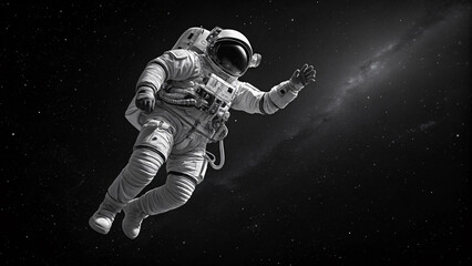 An astronaut floating in space in black and white photography in blak backgraund	