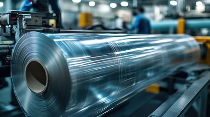 Fototapeta premium A large roll of transparent plastic film is displayed in a manufacturing facility, showcasing industrial machinery and workers in the background.