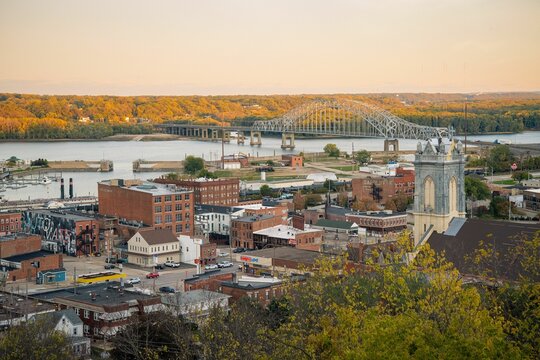 Dubuque cityscape with river and bridge.