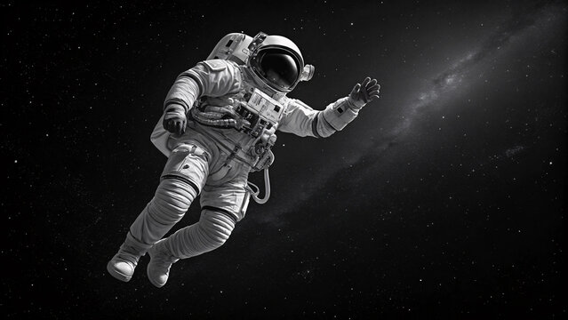 An astronaut floating in space in black and white photography in blak backgraund	
