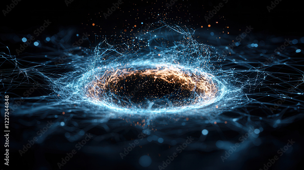 Poster 3d atomic model with glowing particles and electric energy, creating mesmerizing visual effect in da