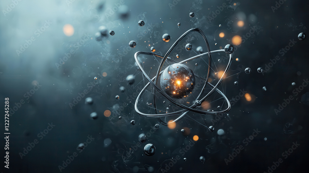 Poster 3d atomic model with glowing particles and electrons, showcasing energy and motion in dark backgroun