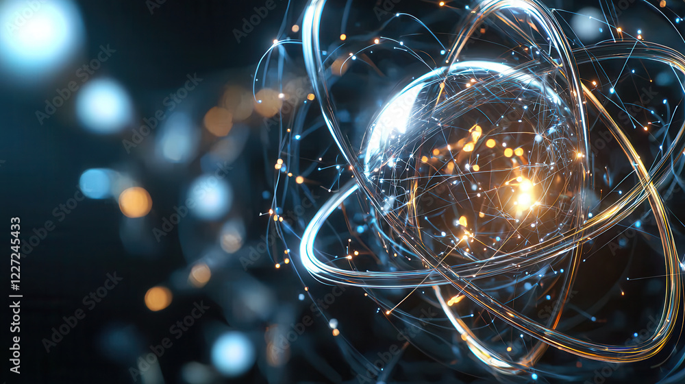 Poster 3d atomic model with glowing particles and energetic motion, representing science