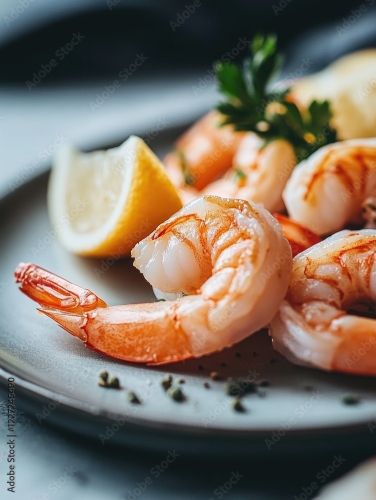 Wall mural Shrimp with lemon wedges and parsley