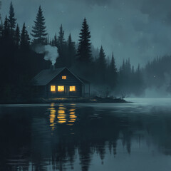 Fototapeta premium maison chaleureuse a cote du lac 