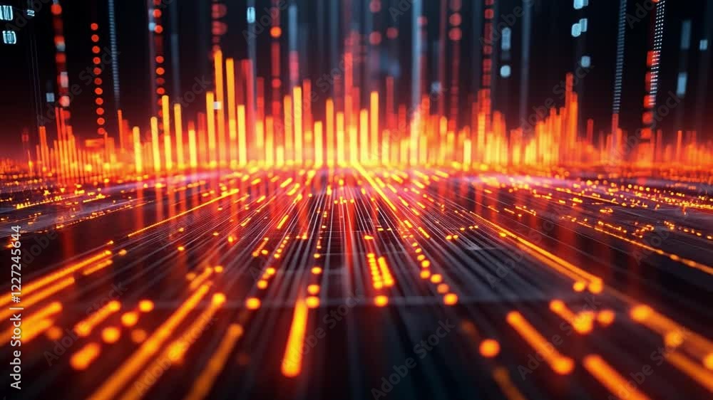 Poster dynamic visualization of data patterns with glowing orange-red lines in a futuristic setting