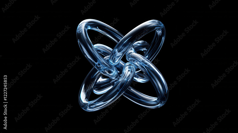 Poster detailed 3d structure of intertwined transparent rings, showcasing mesmerizing design. glowing effec