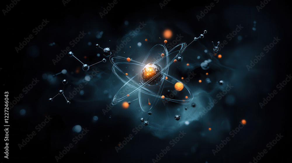 Poster detailed atomic structure with glowing particles, representing essence of matter and energy in capti