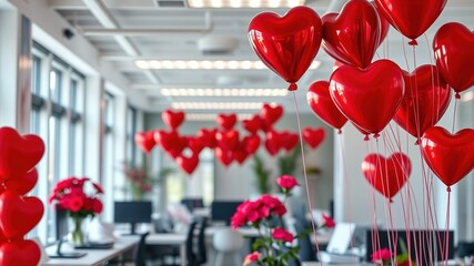 Valentine's Day Office Decor - Red Balloons & Flowers