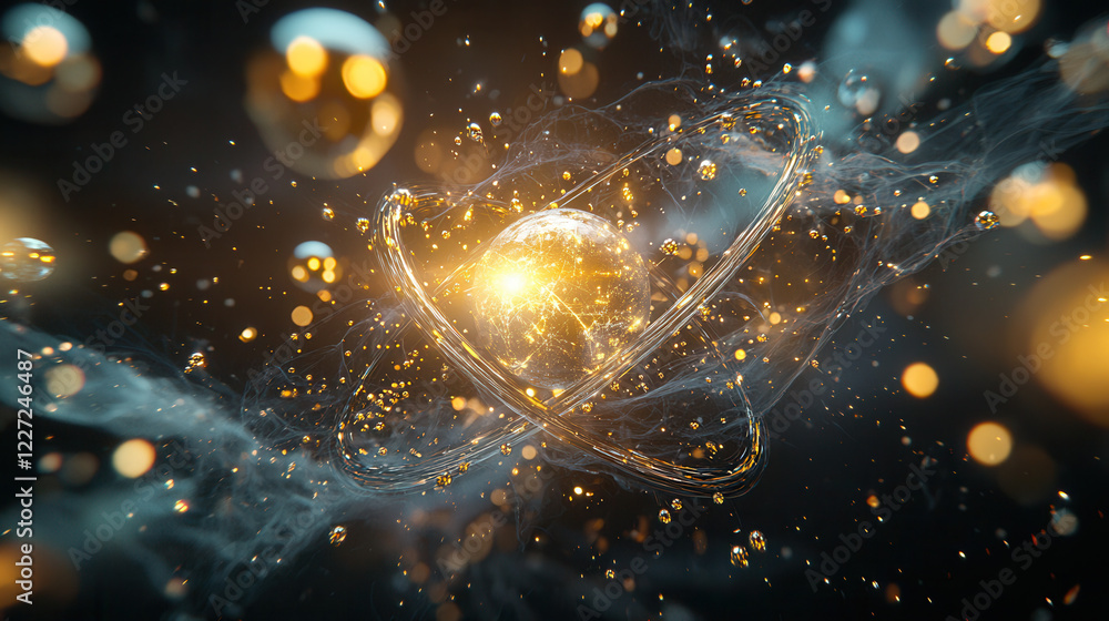 Poster futuristic atomic structure with glowing particles and light effects creates mesmerizing visual expe