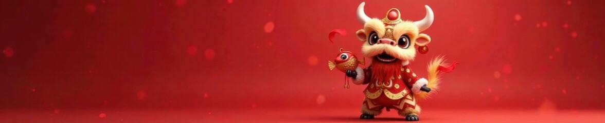 Naklejka premium Chinese New Year ox wearing lion robe and holding fish-shaped decoration, ox, animal, chinese new year