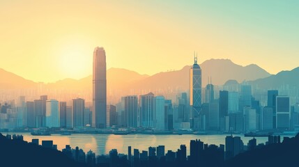 Obraz premium Hong Kong city panorama, urban landscape with modern buildings. Business travel and travelling of landmarks. Illustration, web background. Skyscraper silhouette. China