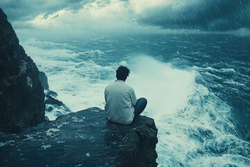 Fototapeta premium Man on Cliff Overlooking Ocean
