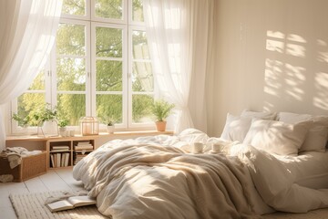 Cozy bedroom bathed in sunlight with an unmade bed and a large window offering a view of trees