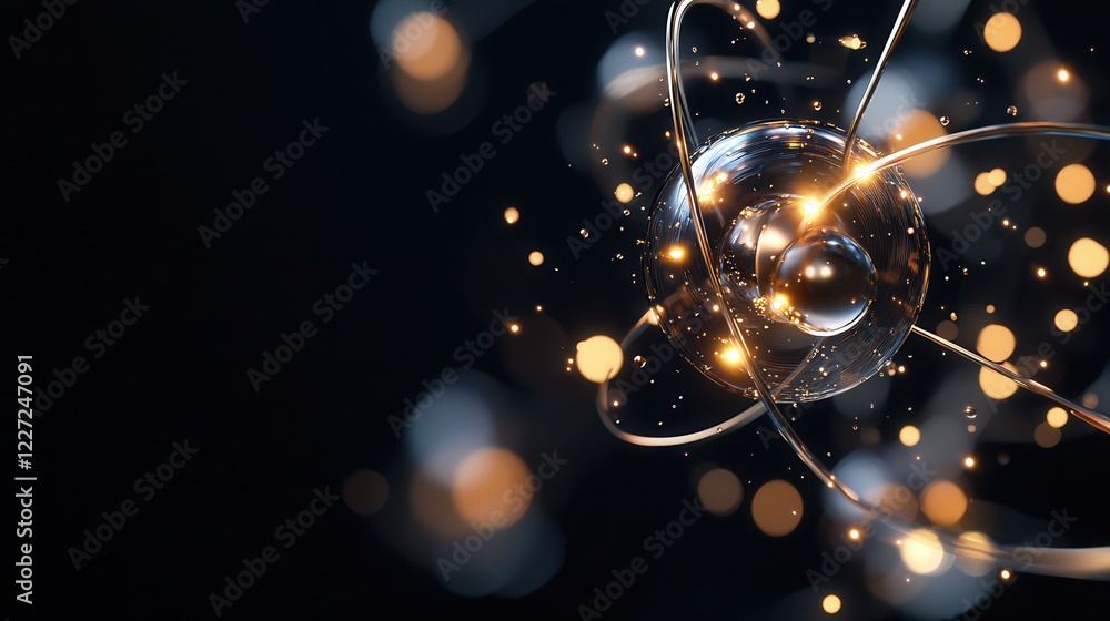 Poster futuristic atomic structure with glowing particles and energy orbs creates mesmerizing visual effect