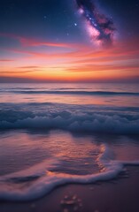 Fototapeta premium Clear Ocean Waters Under Vibrant Sunset and Starry Night Sky Phone Background 