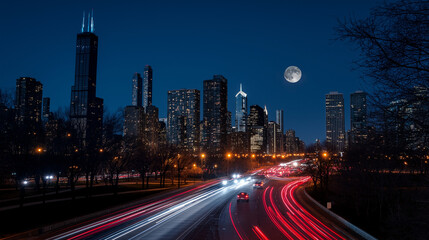 Fototapeta premium A night cityscape with skyscrapers glowing with lights, cars streaking past, and a full moon in the sky.