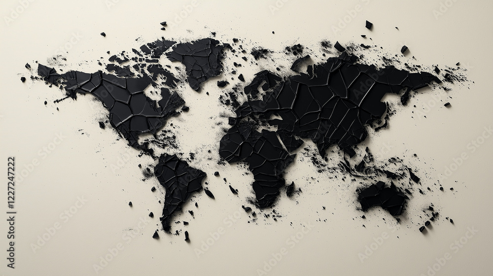 Poster a minimalist map with continents reduced to fragmented black polygons, scattered across a pale beige