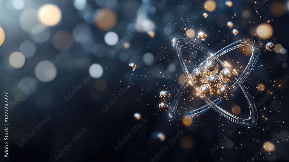 Poster futuristic atomic structure with glowing particles and light effects, symbolizing science and techno