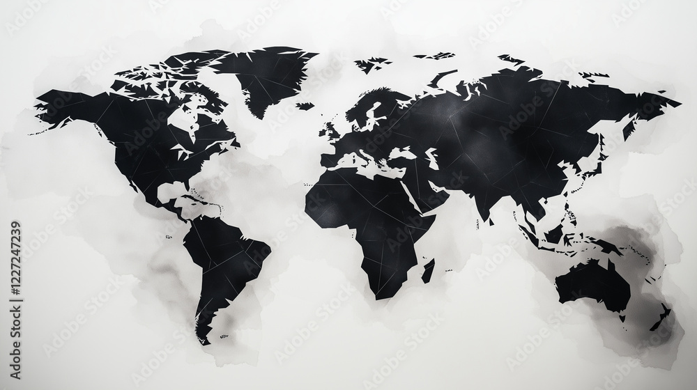 Aufkleber an abstract geometric map of the world, featuring continents rendered in sharp black triangles on a 
