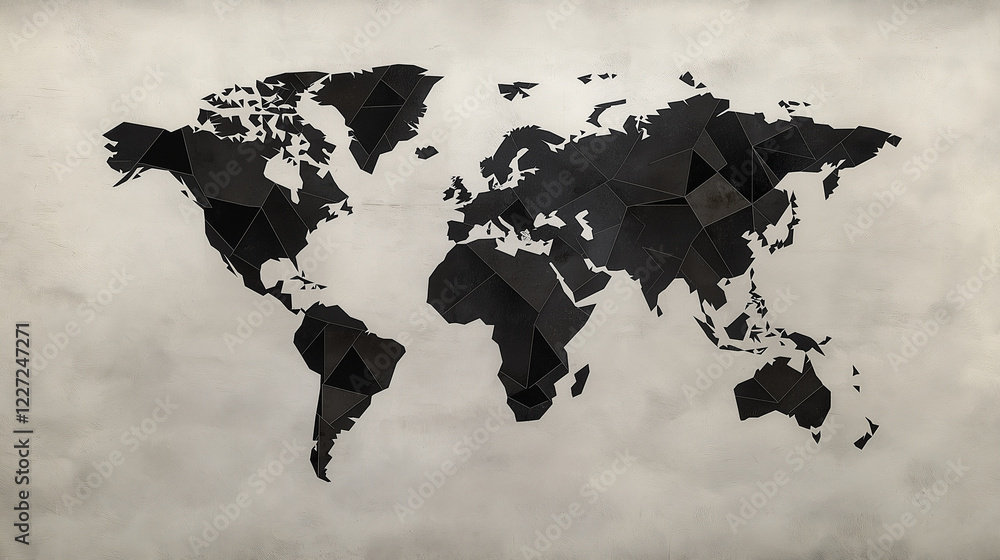 Aufkleber an abstract geometric map of the world, featuring continents rendered in sharp black triangles on a 