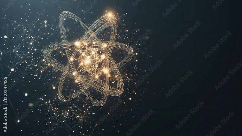Poster futuristic atomic structure with glowing particles and connections, symbolizing science and technolo