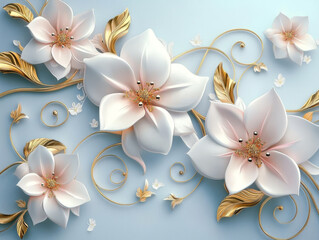 Elegant 3D Floral Design:  A luxurious arrangement of  3D white and blush pink flowers with gold accents and swirling vines.  The design evokes a sense of sophisticated elegance and artistry. 