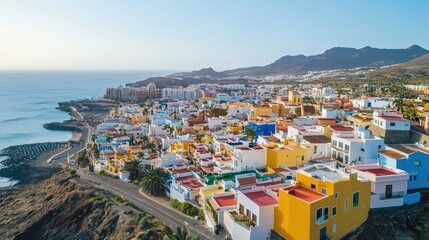 Obraz premium Horizontal aerial view of colourful houses in Las Coloradas neighbourhood in La Isleta, Las Palmas de Gran Canaria, Spain
