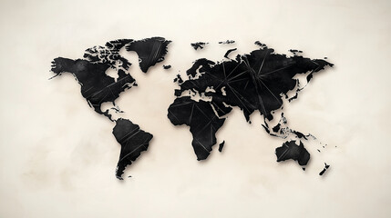 A sleek, geometric world map with continents divided into overlapping black polygons, set against a pale ivory backdrop, exuding sophistication.