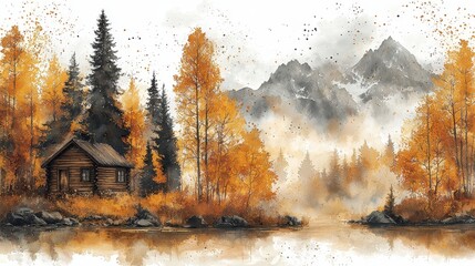 Autumn cabin by lake, misty mountains background