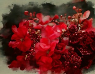 dark tones, rich reds, and watercolor elegance