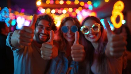 Group of young friends at a party giving thumbs up with bright neon lights and cheerful expressions. - Powered by Adobe