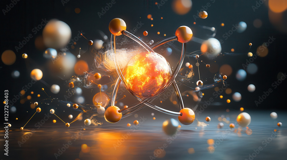 Poster glowing 3d atomic model with intricate details, showcasing vibrant colors and dynamic particles, rep