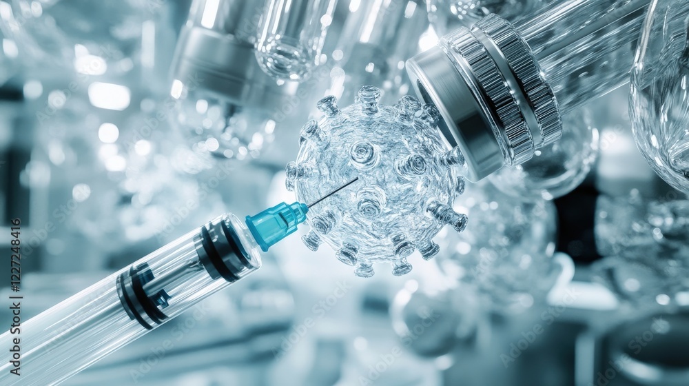 Poster a syringe is piercing through a transparent cell in a laboratory, showcasing the delicate interactio