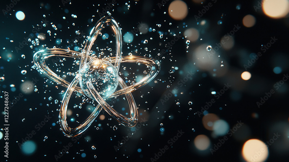Poster glowing atomic model with 3d rendering, surrounded by bubbles and light