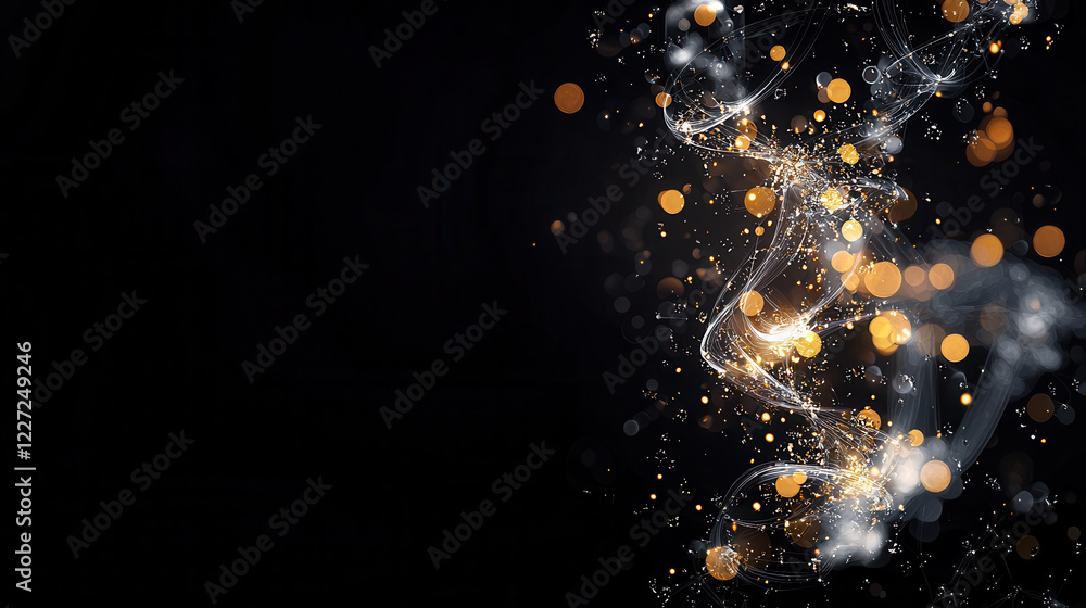 Poster mesmerizing abstract design featuring glowing particles and swirling light trails against dark backg