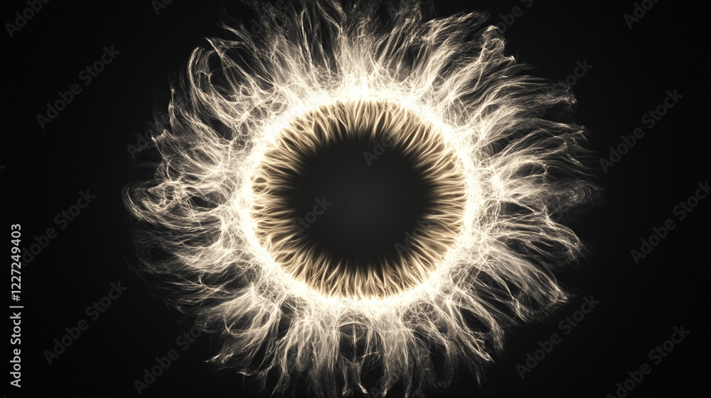 Poster abstract representation of a luminous circular pattern with intricate wisps radiating outward