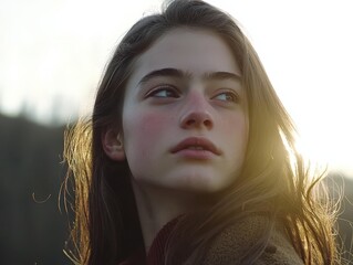 Fototapeta premium Sunlit girl gazes thoughtfully into the distance during a serene moment in nature